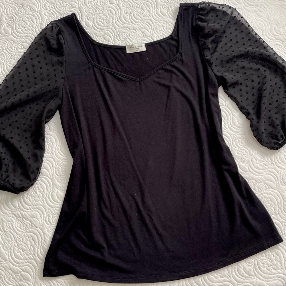 Kim & Cami Top Sweetheart Neckline Sheer 3/4 Length Puff Sleeves Size Large - Picture 12 of 15